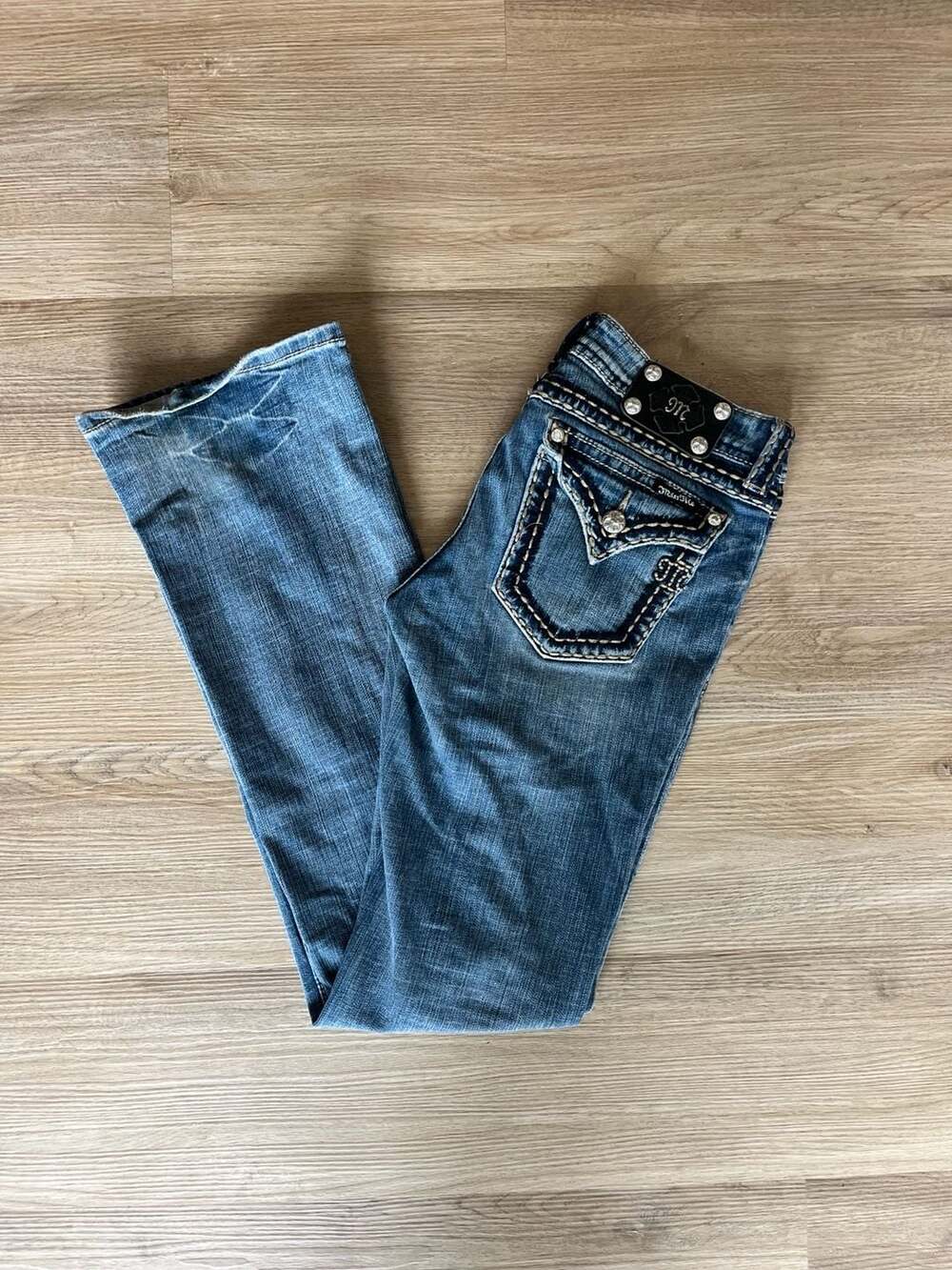 Miss Me, Boot Cut Western Glam Jeans, Rhinestone Pockets, Black Stitching,30